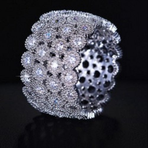 Micro CZ Half Round Inlaid Band Ring White Gold Plated Jewelry